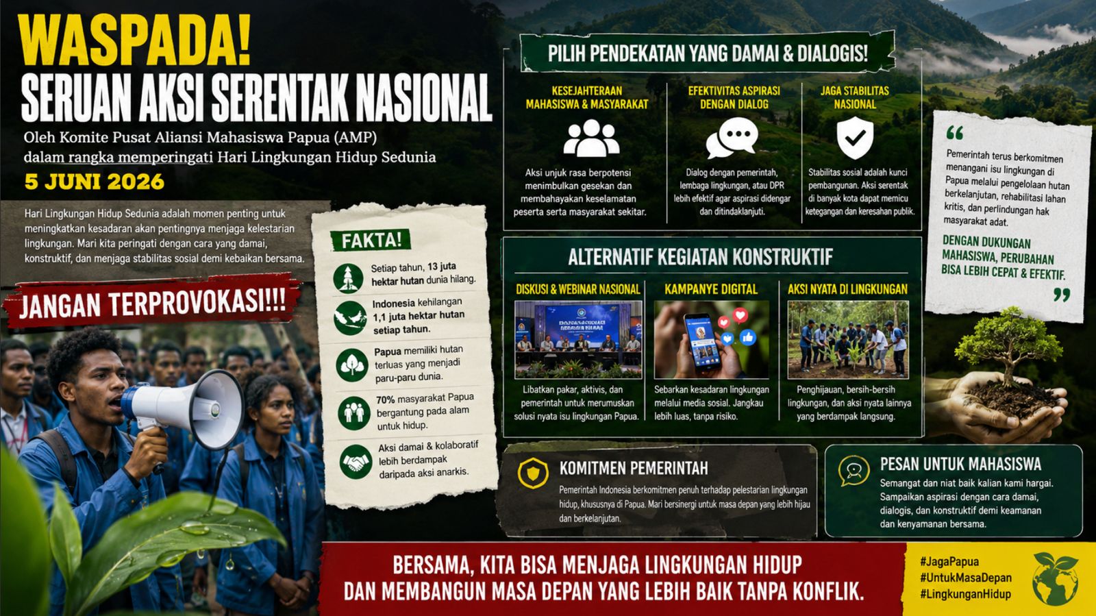 Mewaspadai seruan aksi serentak nasional oleh Komite Pusat Aliansi Mahasiswa Papua (AMP) dalam rangka memperingati Hari Lingkungan Hidup Sedunia pada 5 Juni 2026.