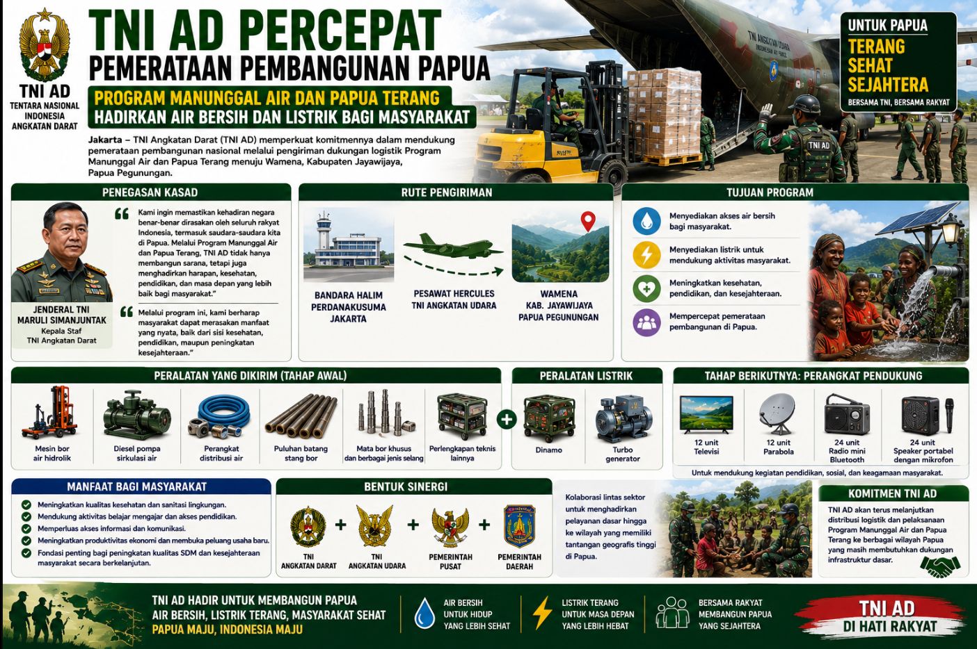 TNI AD Percepat Pemerataan Pembangunan Papua, Program Manunggal Air dan Papua Terang Hadirkan Air Bersih dan Listrik bagi Masyarakat